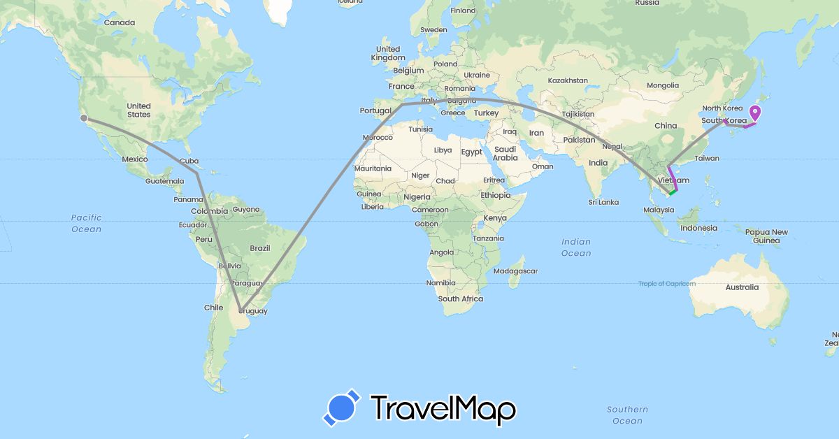 TravelMap itinerary: driving, bus, plane, train in Argentina, Spain, Italy, Jamaica, Japan, South Korea, United States, Vietnam (Asia, Europe, North America, South America)